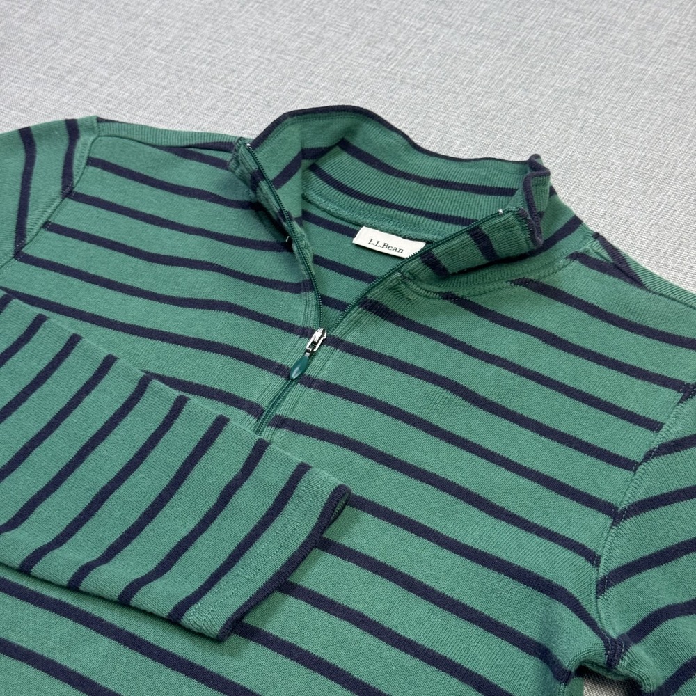 L.L. Bean 1/4 Zip Sweater Pullover Women's M Green Cotton Mock Neck Striped